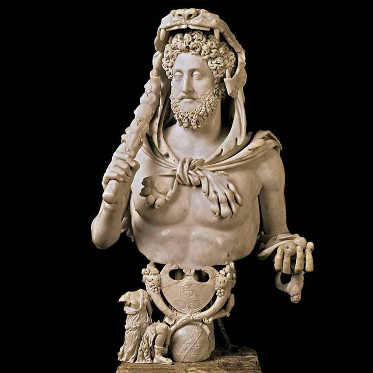 Bust of a man adorned in a lion's pelt.