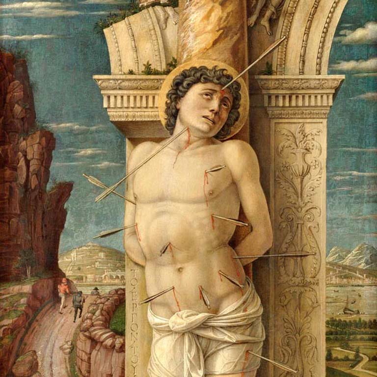 Painting of a man desperately leaning up against a wall because he has been impaled with arrows.